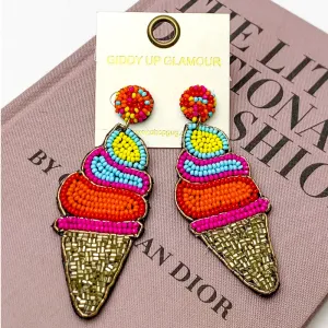 Multi-Color Beaded Ice Cream Cone Earrings in Gold Tone