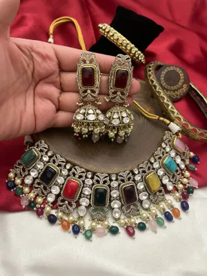 Multi-Stone Indian Polki Choker Set, Rajsthani Polki Choker Set, Traditional Polki Jewelry Set, Polki Celebrity Choker Set, Bollywood Jewelry Set