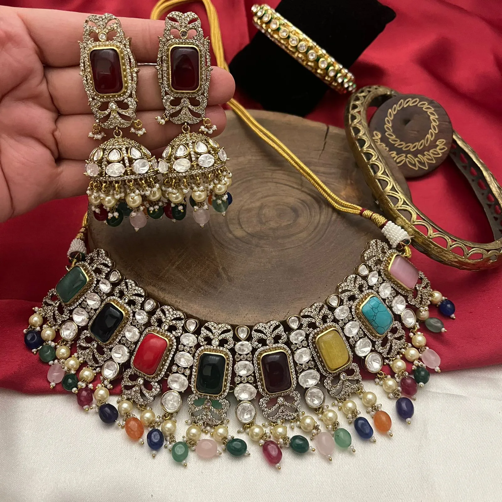 Multi-Stone Indian Polki Choker Set, Rajsthani Polki Choker Set, Traditional Polki Jewelry Set, Polki Celebrity Choker Set, Bollywood Jewelry Set