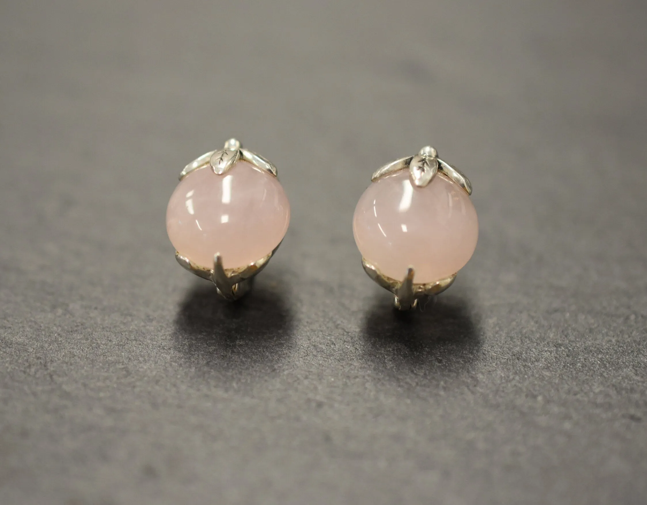 Natural Rose Quartz Earrings - Pink Ball Earrings - Vintage Leaf Studs