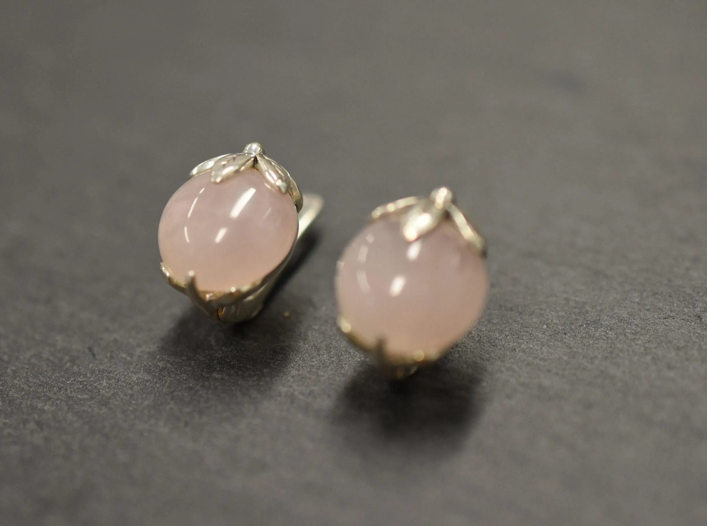 Natural Rose Quartz Earrings - Pink Ball Earrings - Vintage Leaf Studs