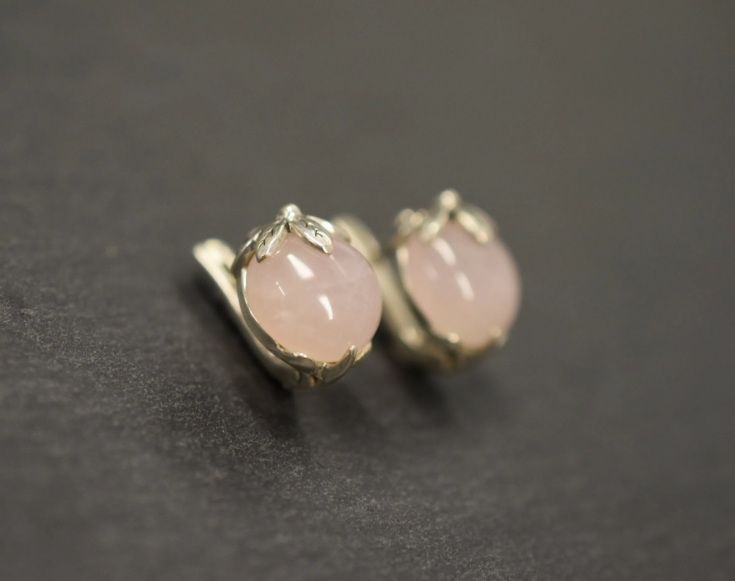 Natural Rose Quartz Earrings - Pink Ball Earrings - Vintage Leaf Studs