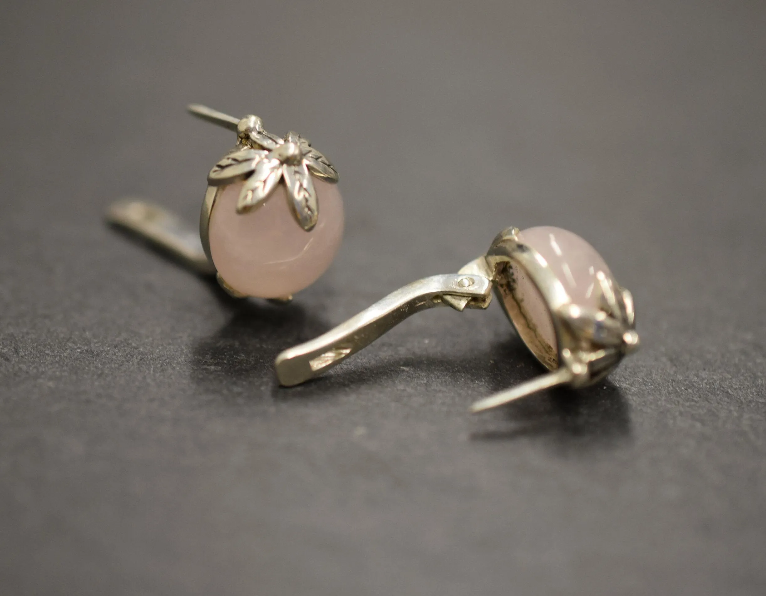 Natural Rose Quartz Earrings - Pink Ball Earrings - Vintage Leaf Studs