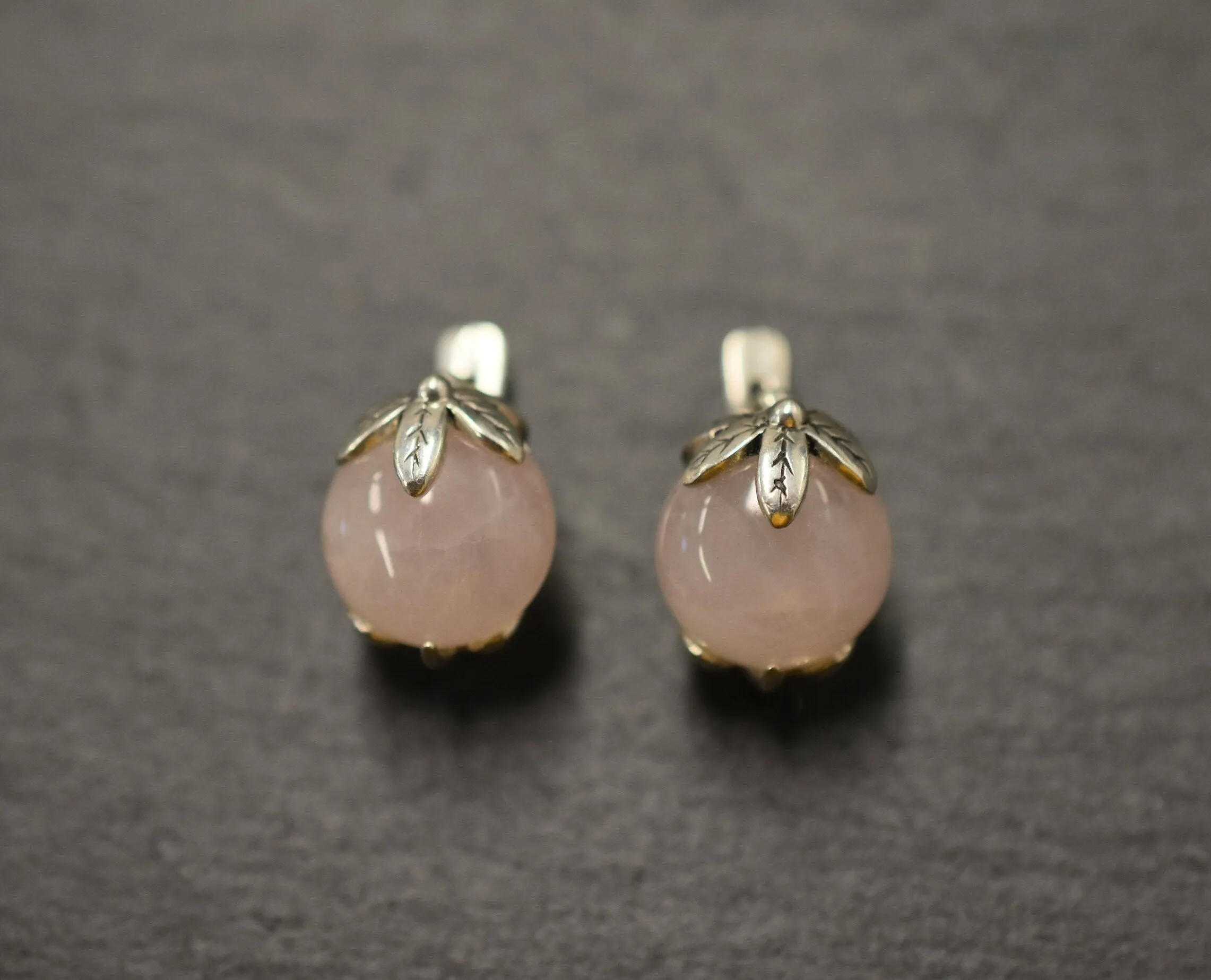 Natural Rose Quartz Earrings - Pink Ball Earrings - Vintage Leaf Studs