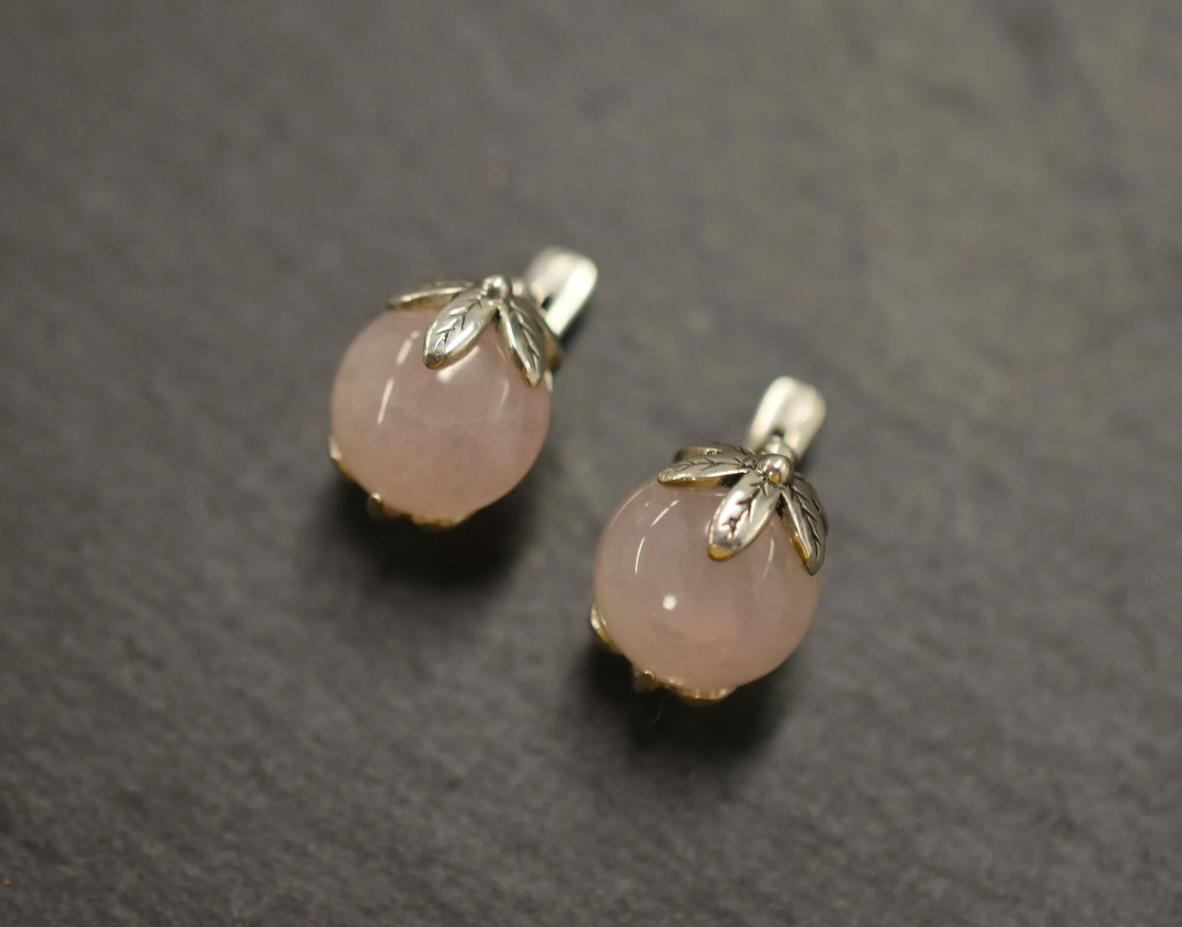 Natural Rose Quartz Earrings - Pink Ball Earrings - Vintage Leaf Studs