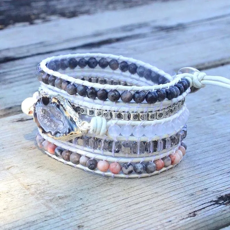 Natural Stones Labradorite Druzy Crystal Woven Bracelet Lucky Leather Wrap Bracelet