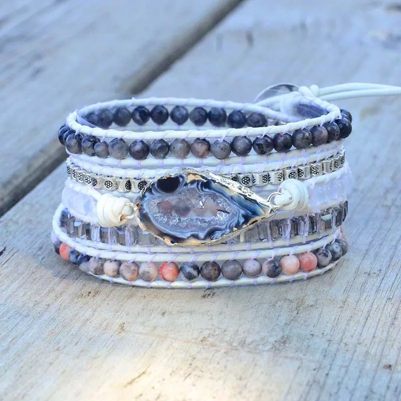 Natural Stones Labradorite Druzy Crystal Woven Bracelet Lucky Leather Wrap Bracelet