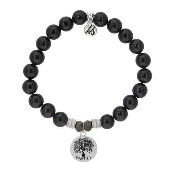 Onyx Stone Bracelet with Family Tree Circle Sterling Silver Charm