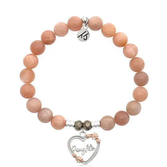 Peach Moonstone Stone Bracelet with Heart Daughter Silver Charm