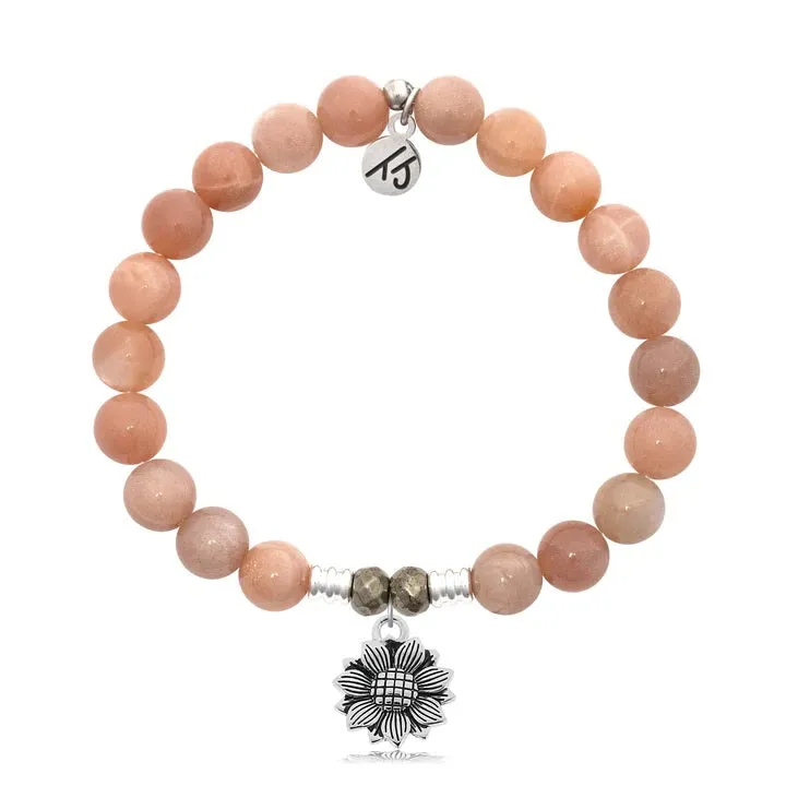 Peach Moonstone Stone Bracelet with Sunflower Silver Charm