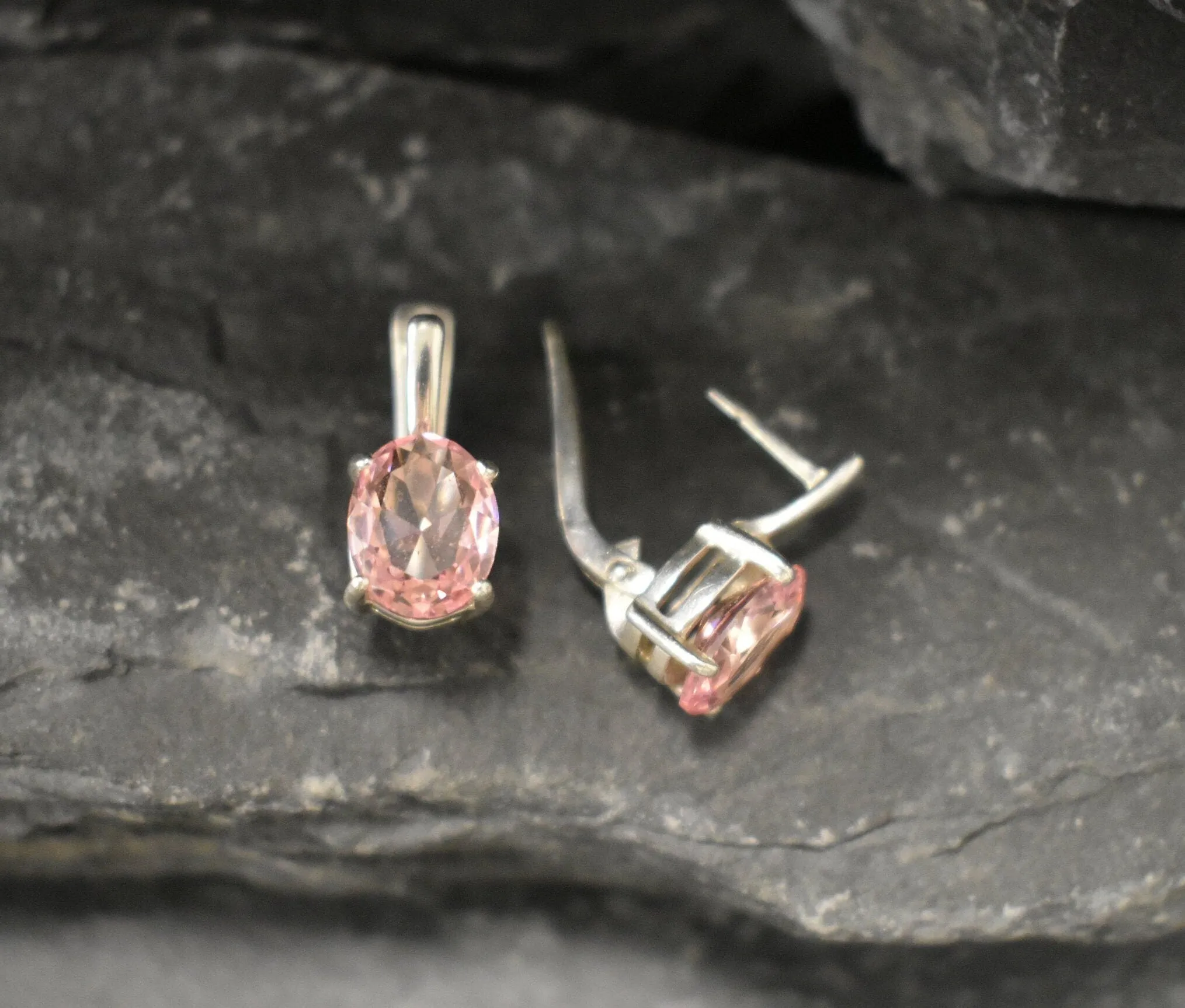 Pink Morganite Earrings - Drop Vintage Earrings - Pink Diamond Studs