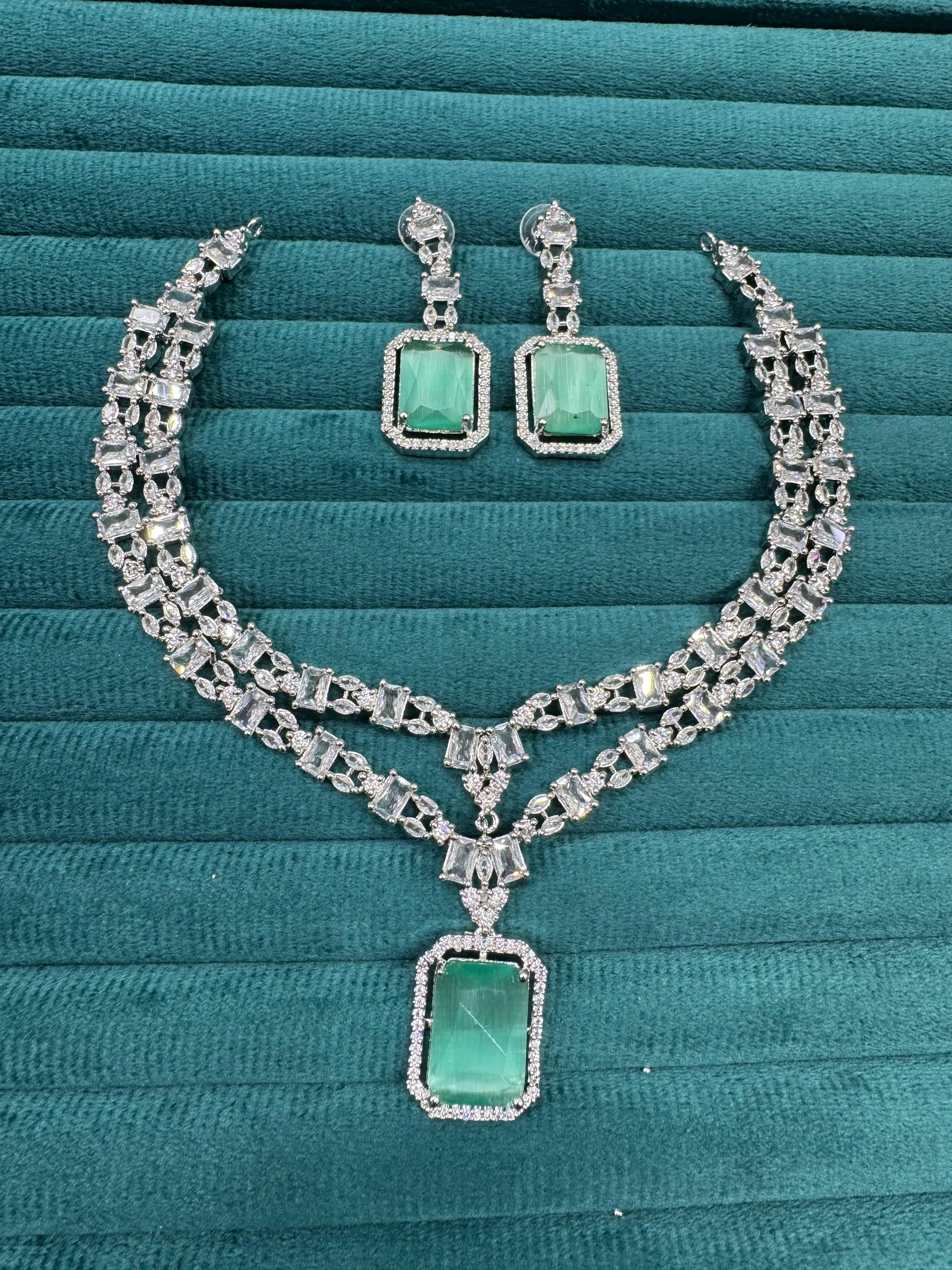 Punjabi Square Shaped Silver Plated CZ Necklace Earrings Set