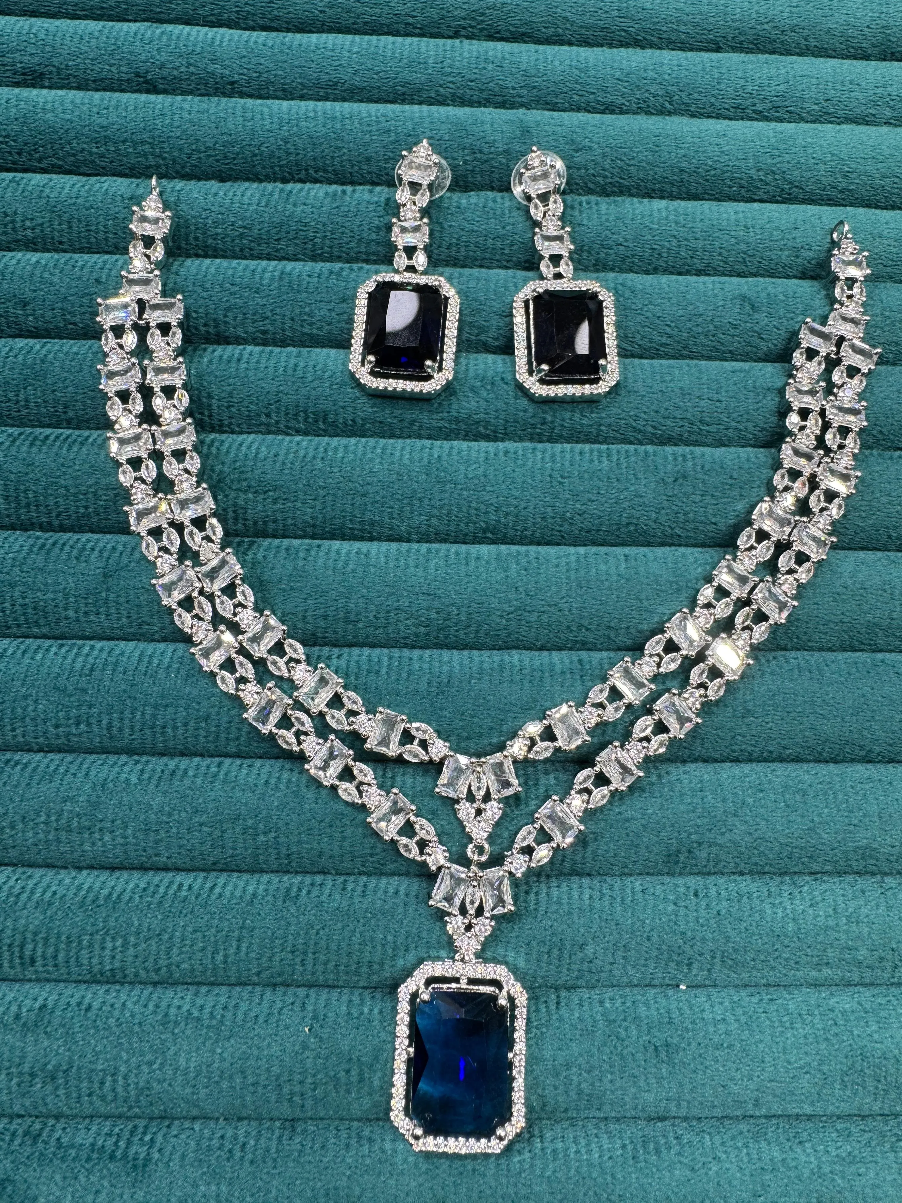 Punjabi Square Shaped Silver Plated CZ Necklace Earrings Set