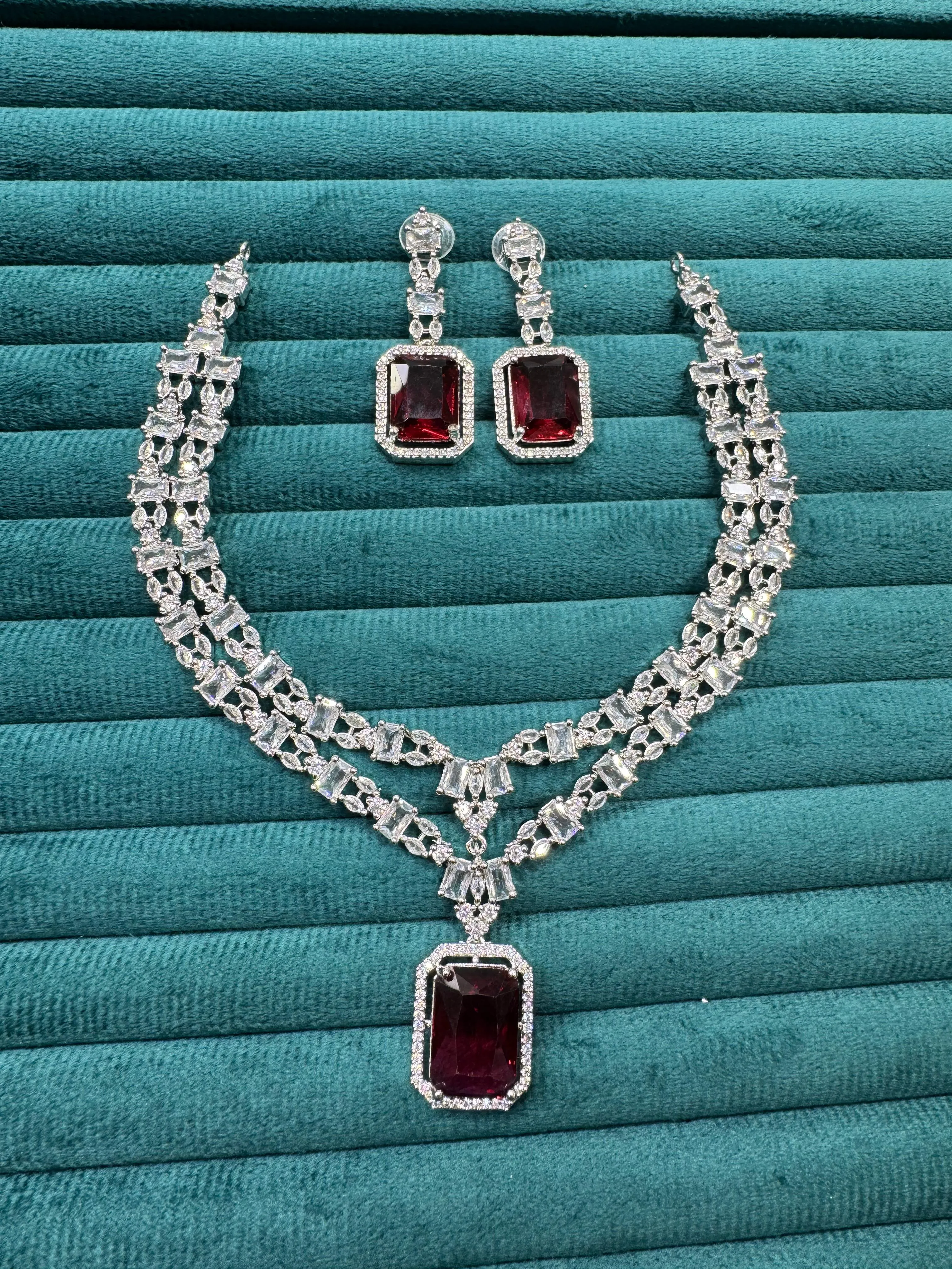 Punjabi Square Shaped Silver Plated CZ Necklace Earrings Set