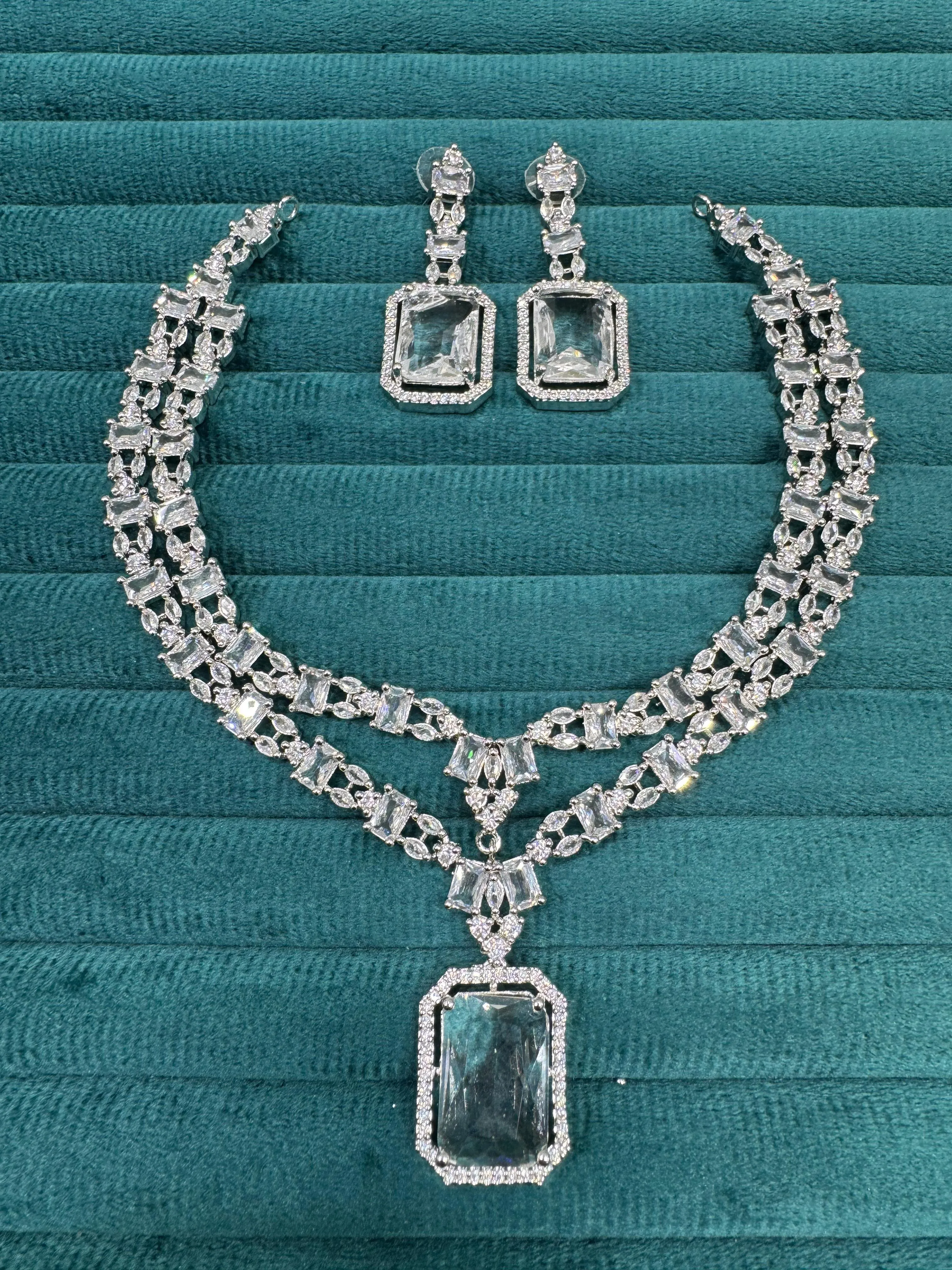 Punjabi Square Shaped Silver Plated CZ Necklace Earrings Set