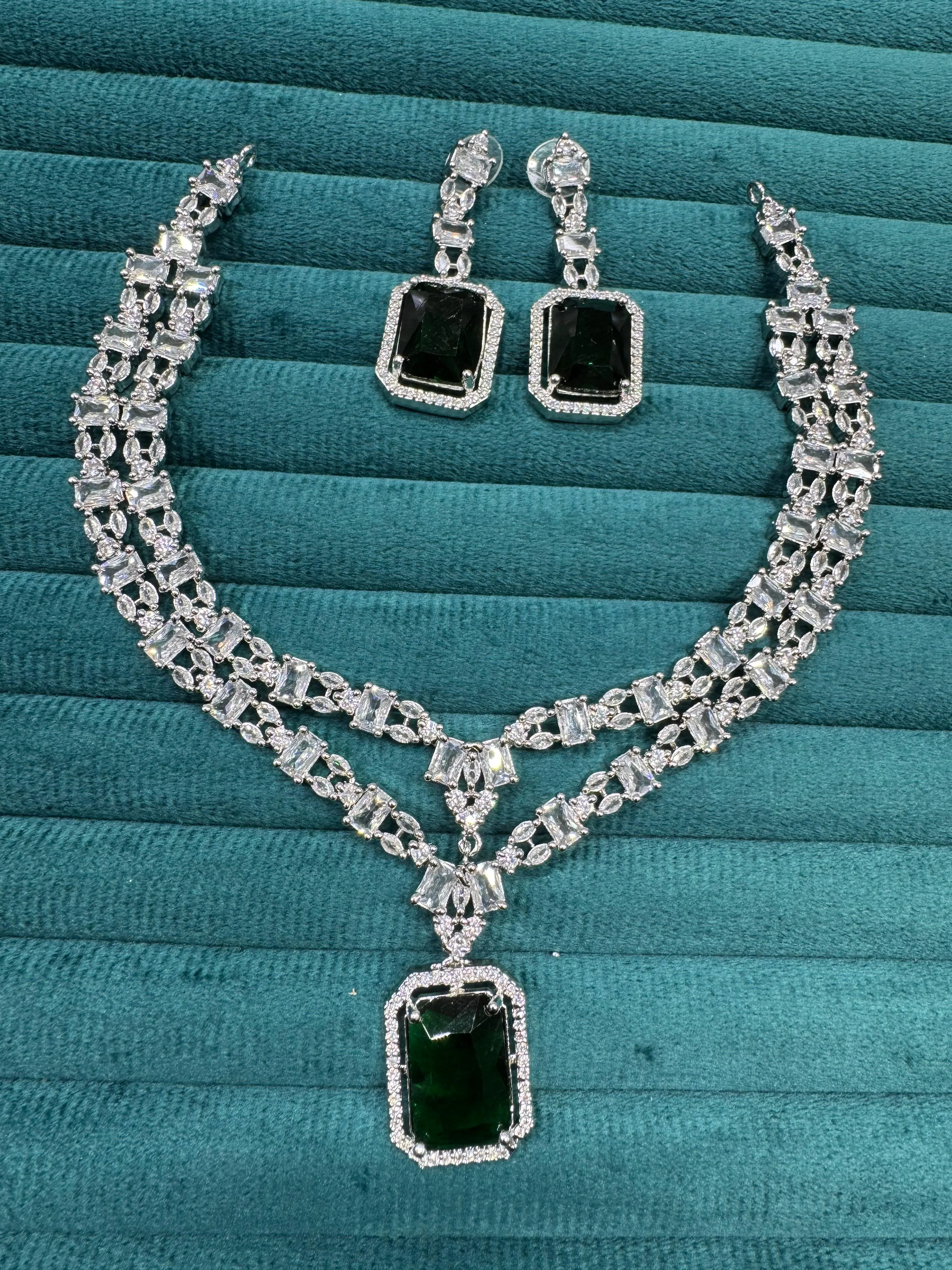 Punjabi Square Shaped Silver Plated CZ Necklace Earrings Set