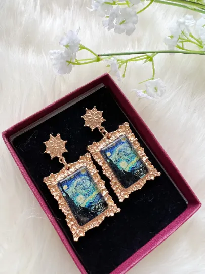 Quirky - Gold framed famous potrait starry night painting | crumpled golden painter earrings | oriental style decor earrings| cute kawaii earring