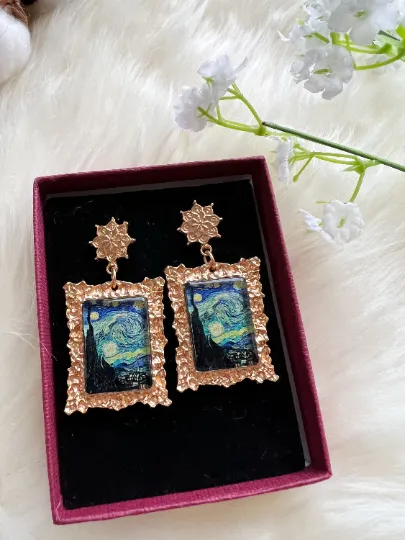 Quirky - Gold framed famous potrait starry night painting | crumpled golden painter earrings | oriental style decor earrings| cute kawaii earring