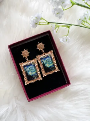 Quirky - Gold framed famous potrait starry night painting | crumpled golden painter earrings | oriental style decor earrings| cute kawaii earring