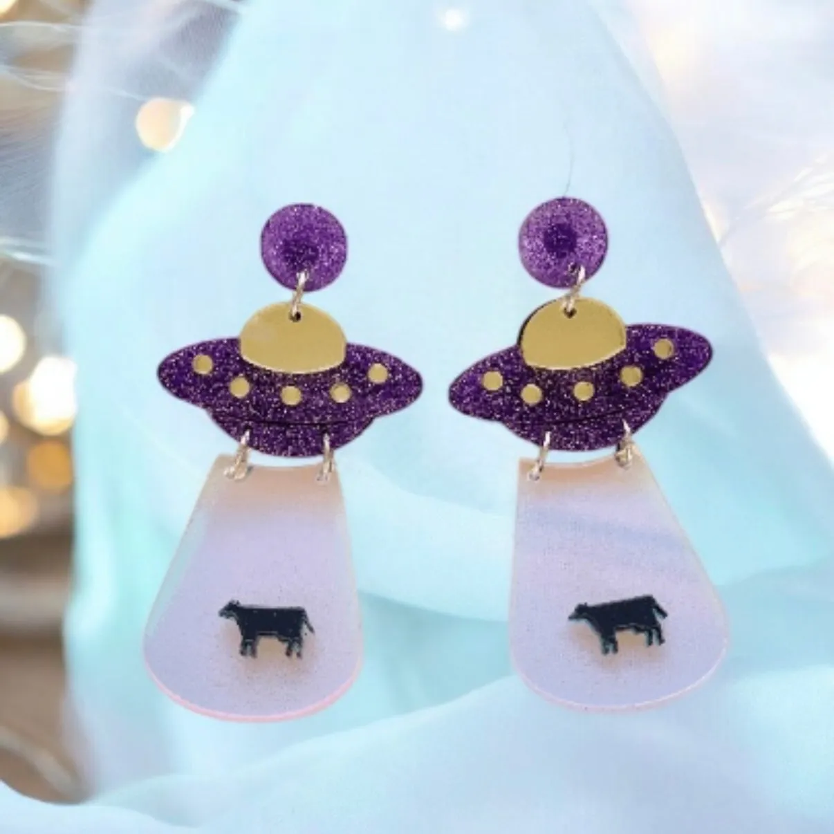 Quirky - UFO cow earrings | hologram iridriscent earrings | quirky fun cute kawaii earrings | acrylic art earrings | scientific research mystery news