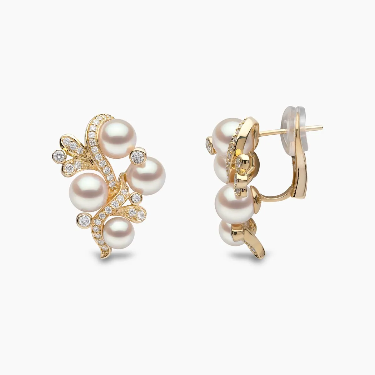 Raindrop 18K Gold Akoya Pearl and Diamond Ripple Earrings