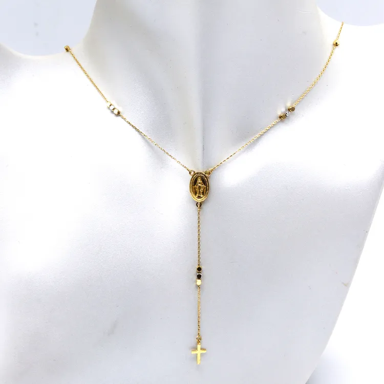 Real Gold 3D 3 Color Cross Rosary Choker Necklace 0308 N1342