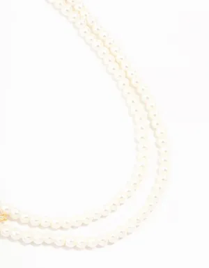 Real Gold Plated Layered Freshwater Pearl Strand Bow Necklace