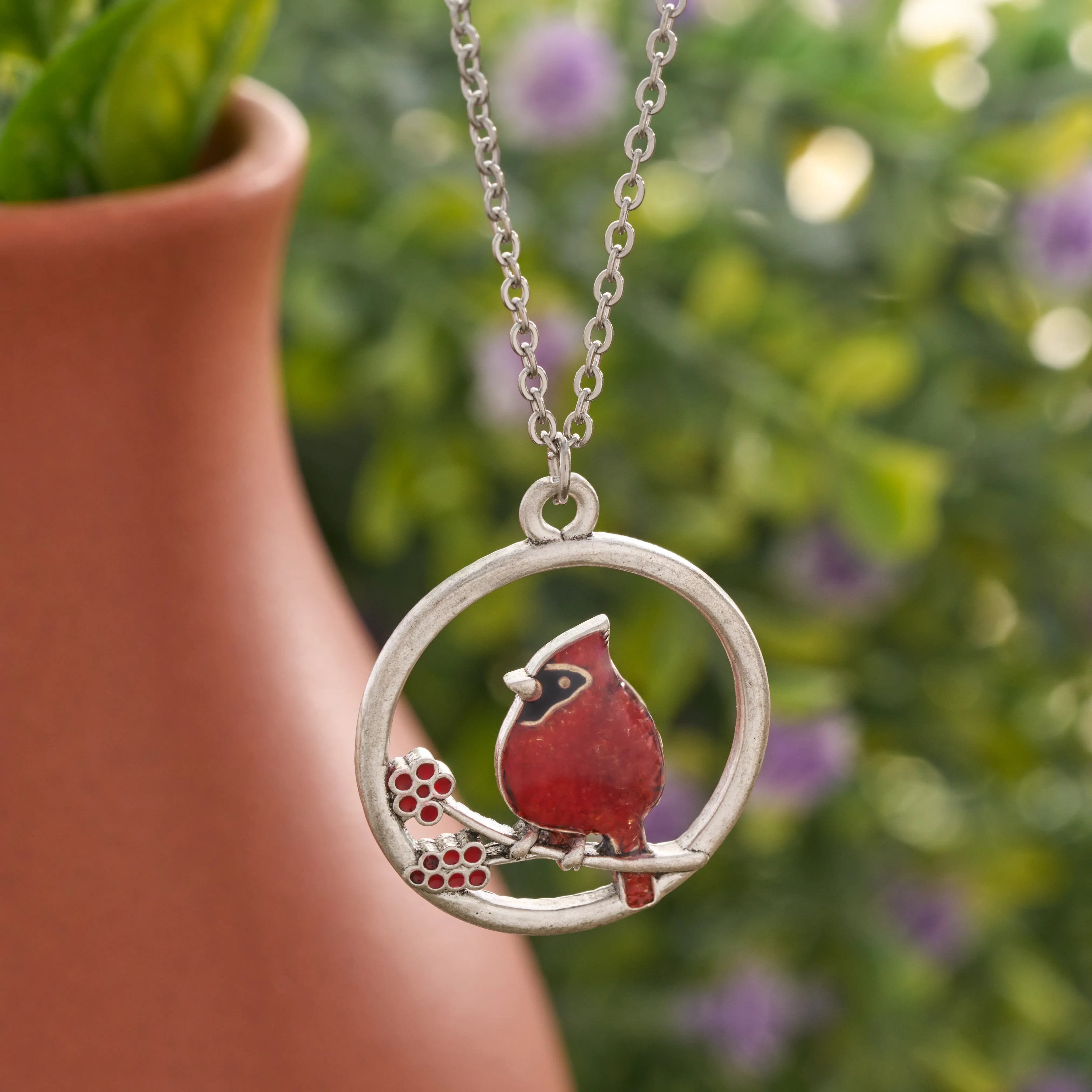 Red Glass Cardinal Holly Branch Necklace