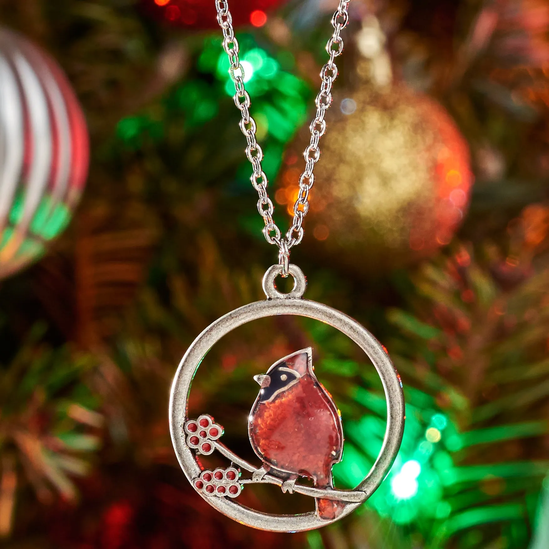 Red Glass Cardinal Holly Branch Necklace