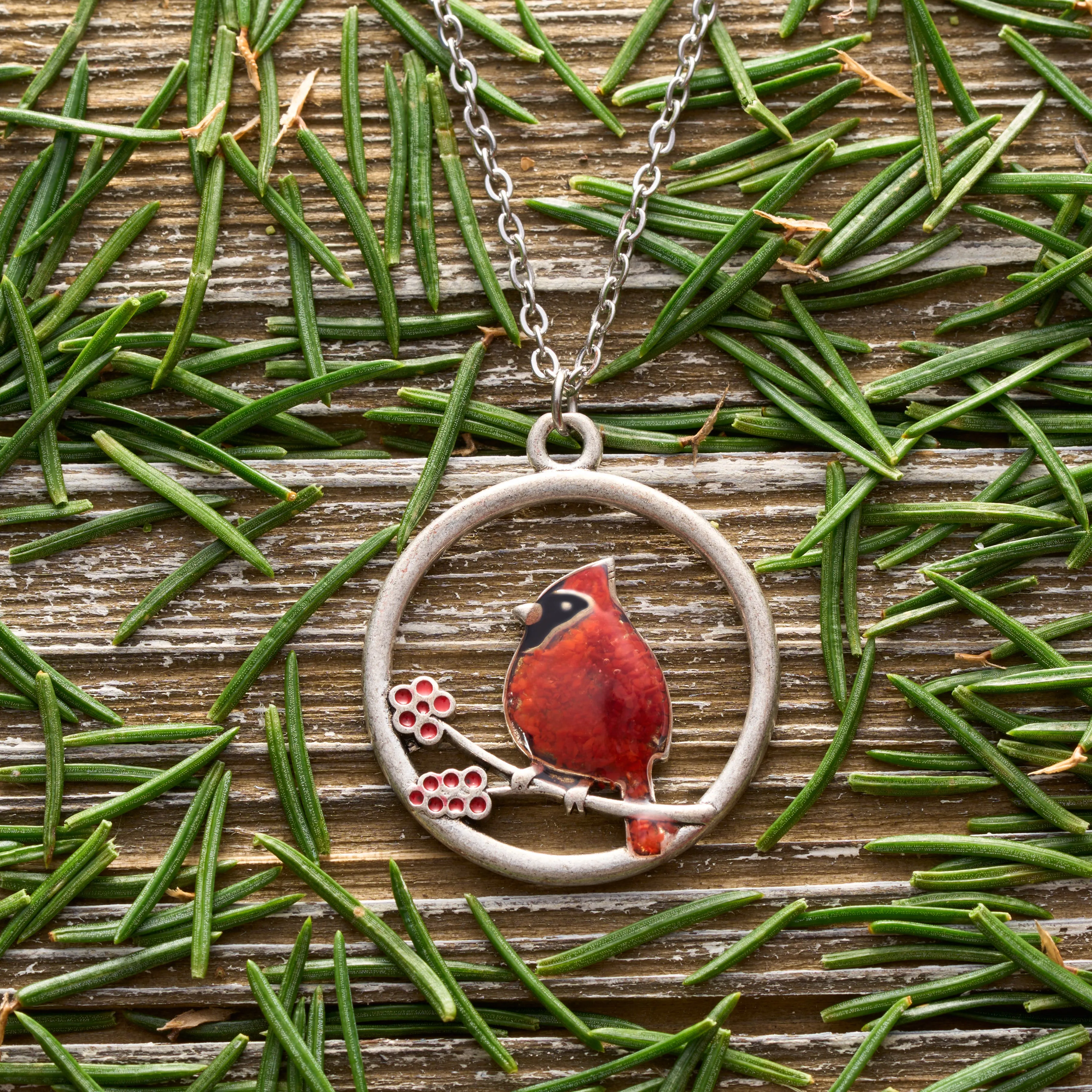 Red Glass Cardinal Holly Branch Necklace