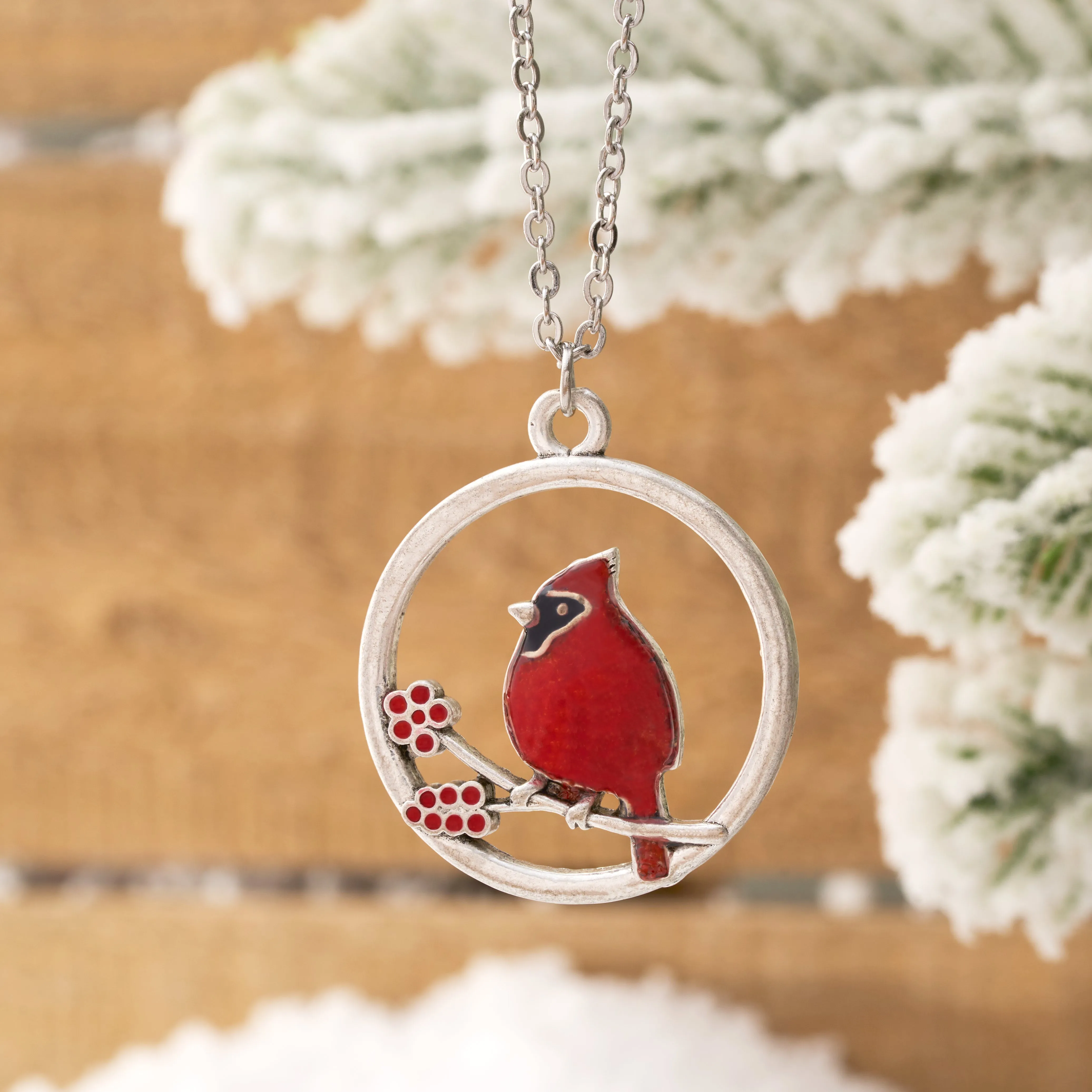 Red Glass Cardinal Holly Branch Necklace