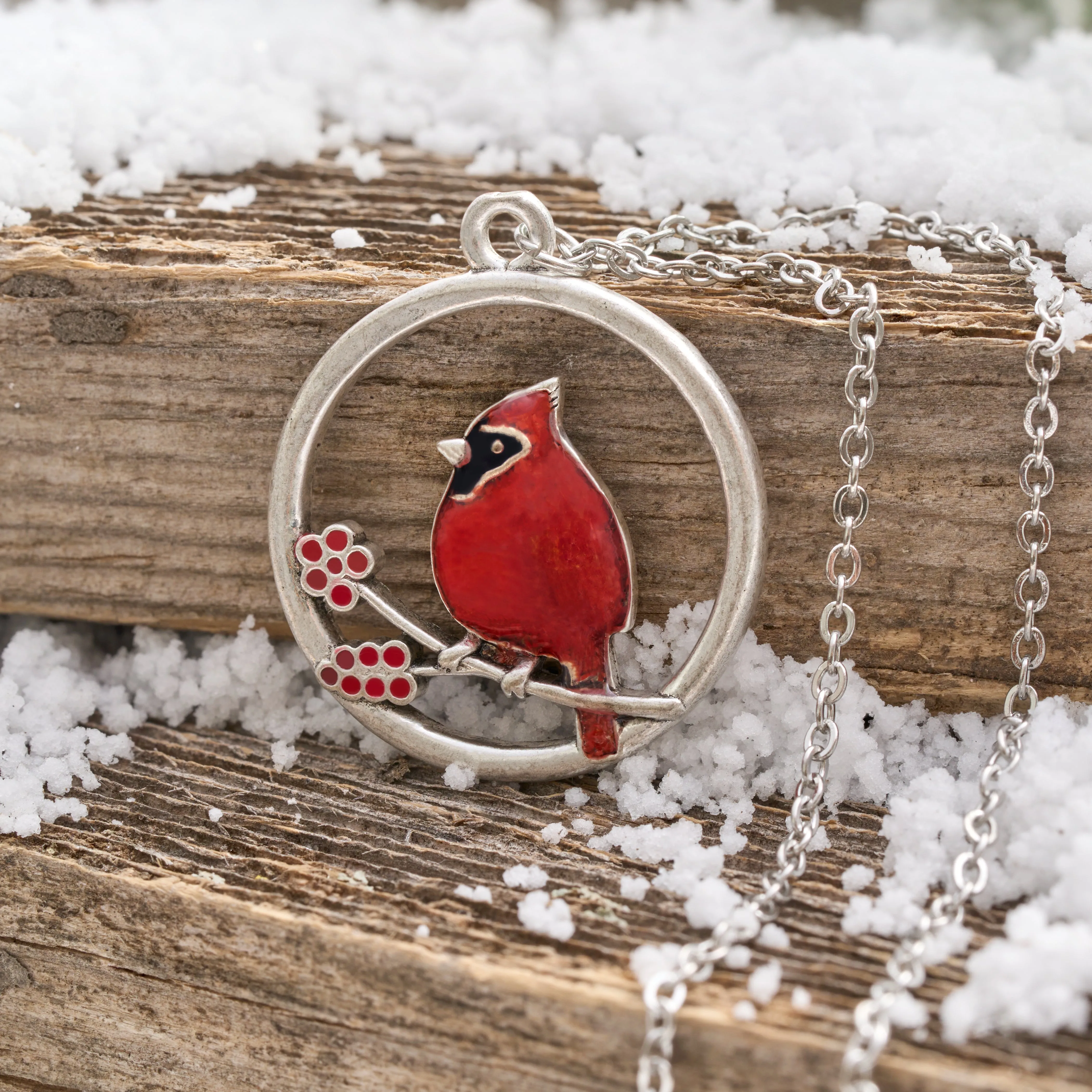 Red Glass Cardinal Holly Branch Necklace