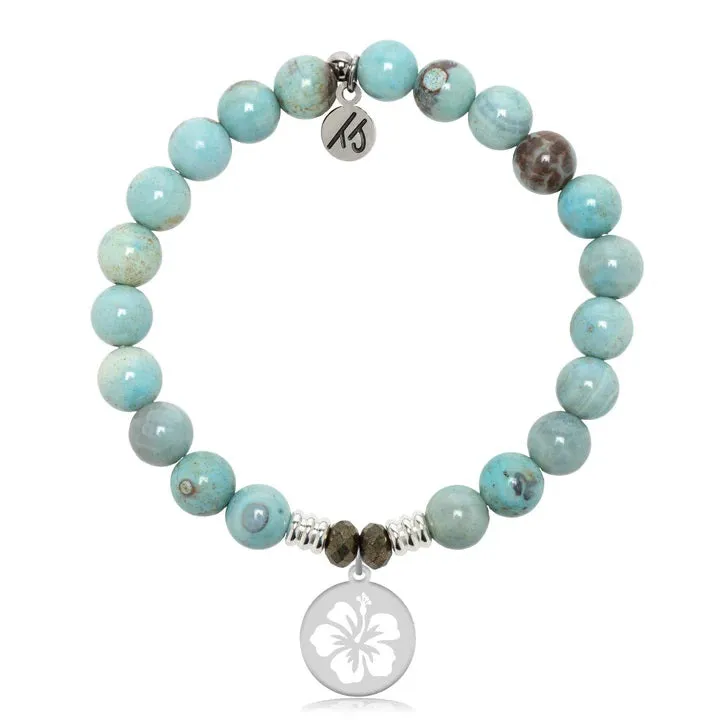 Robin Egg Agate Stone Bracelet with Hibiscus Sterling Silver Charm