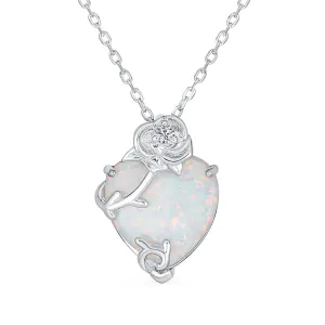 Romantic Opulence Heart Opal CZ Rose Pendant Necklace Sterling Silver 16-18 Inch