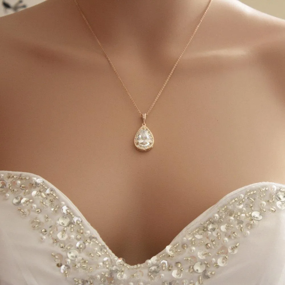 Rose Gold Teardrop Pendant Necklace for Brides & Bridesmaids-Evelyn