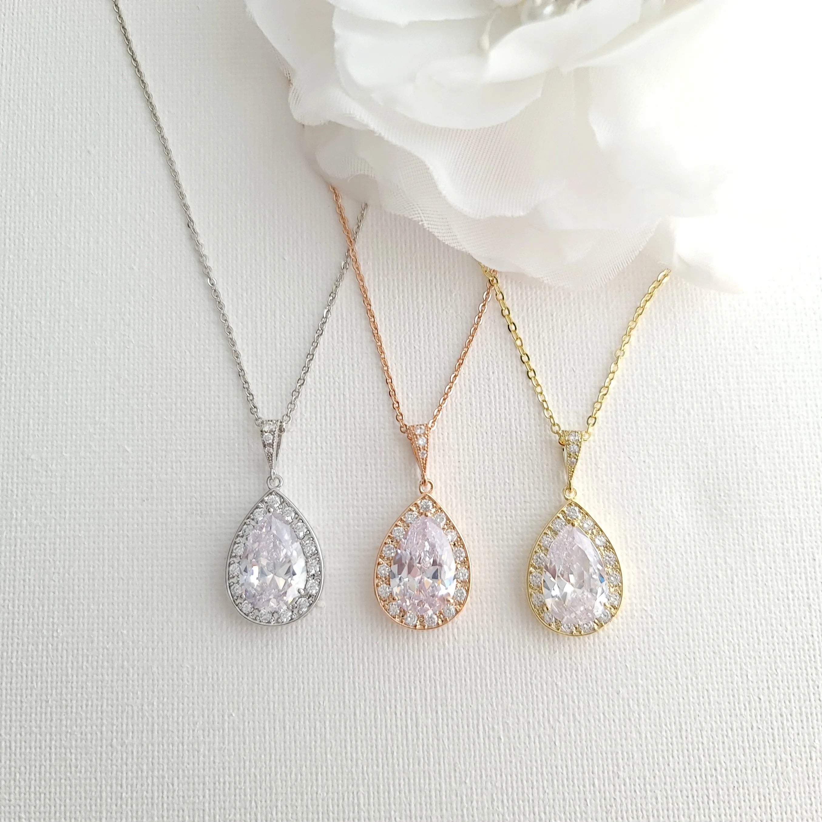 Rose Gold Teardrop Pendant Necklace for Brides & Bridesmaids-Evelyn