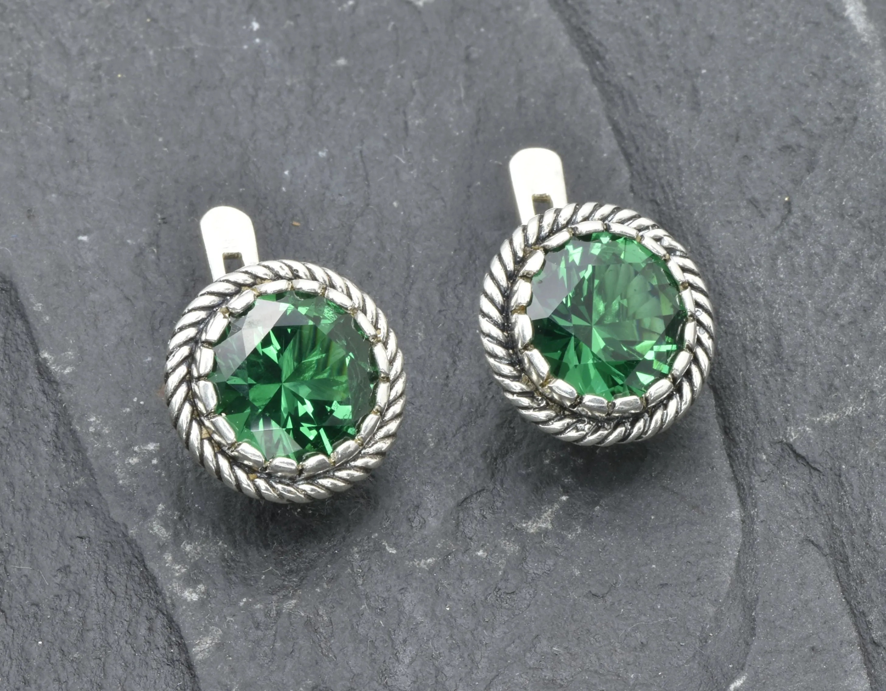 Round Emerald Earrings - Large Green Studs - Silver Emerald Earrings