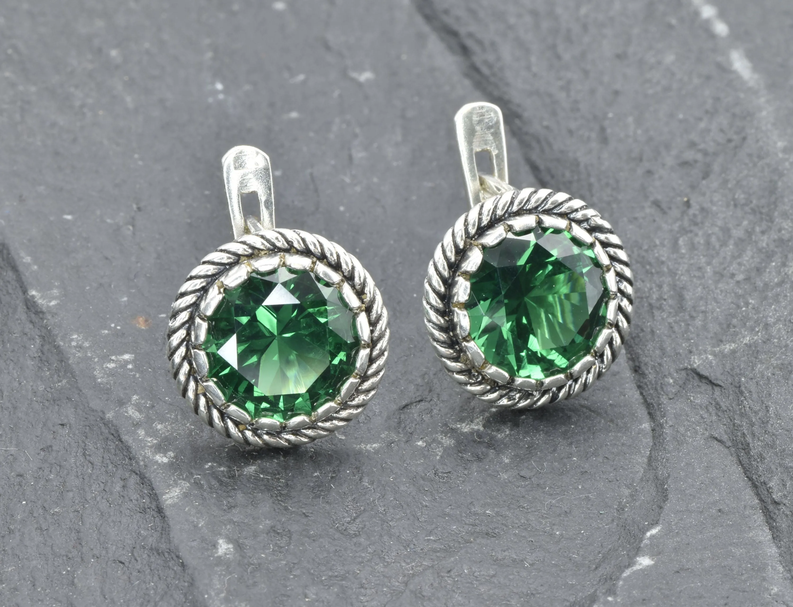 Round Emerald Earrings - Large Green Studs - Silver Emerald Earrings