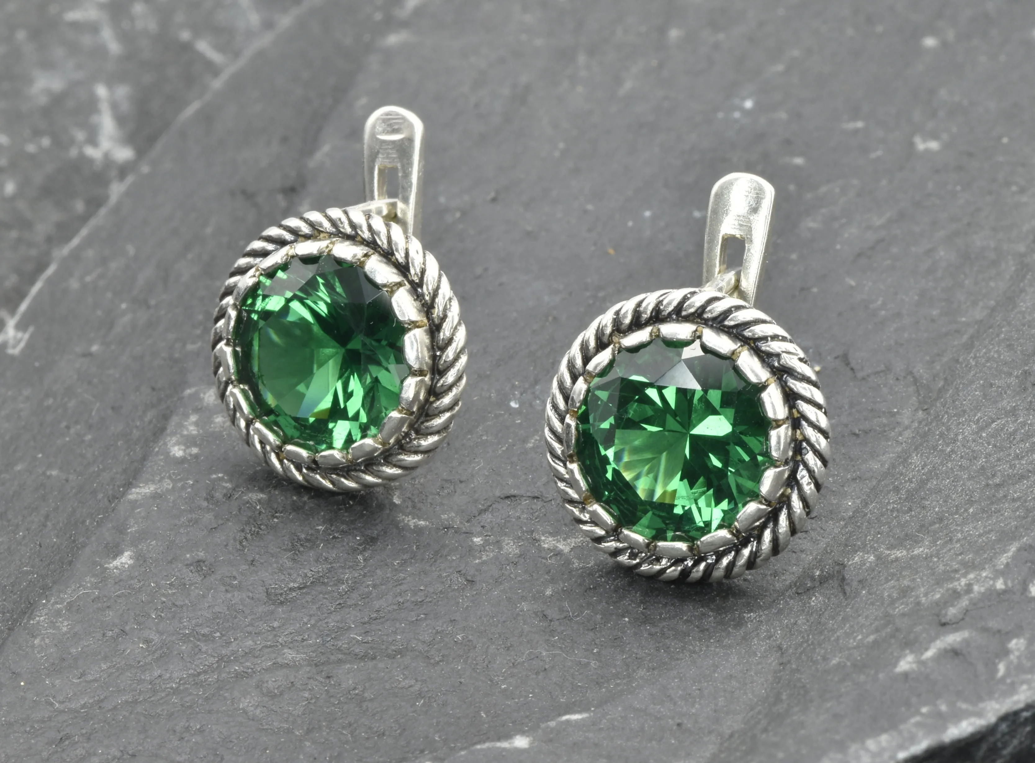 Round Emerald Earrings - Large Green Studs - Silver Emerald Earrings