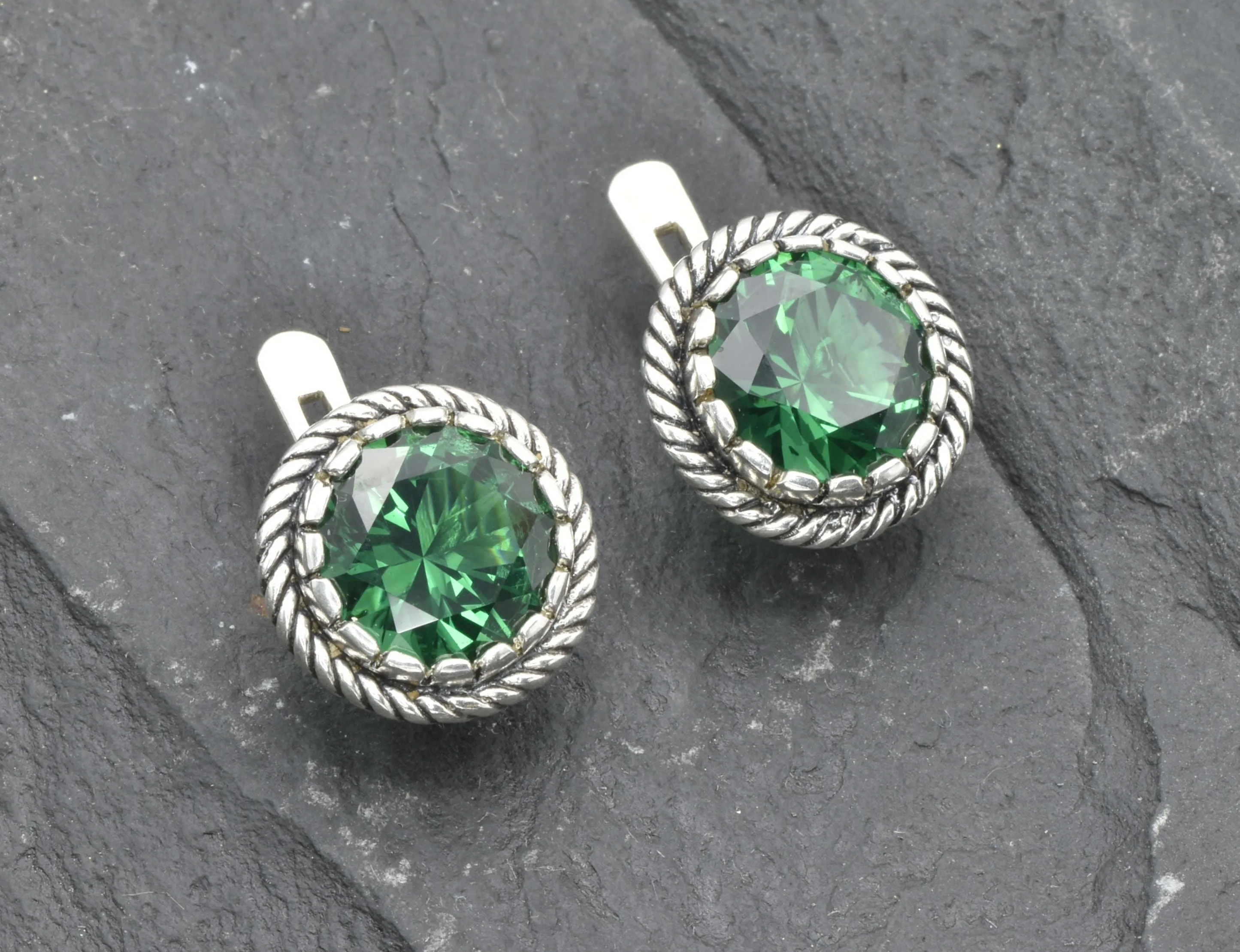 Round Emerald Earrings - Large Green Studs - Silver Emerald Earrings