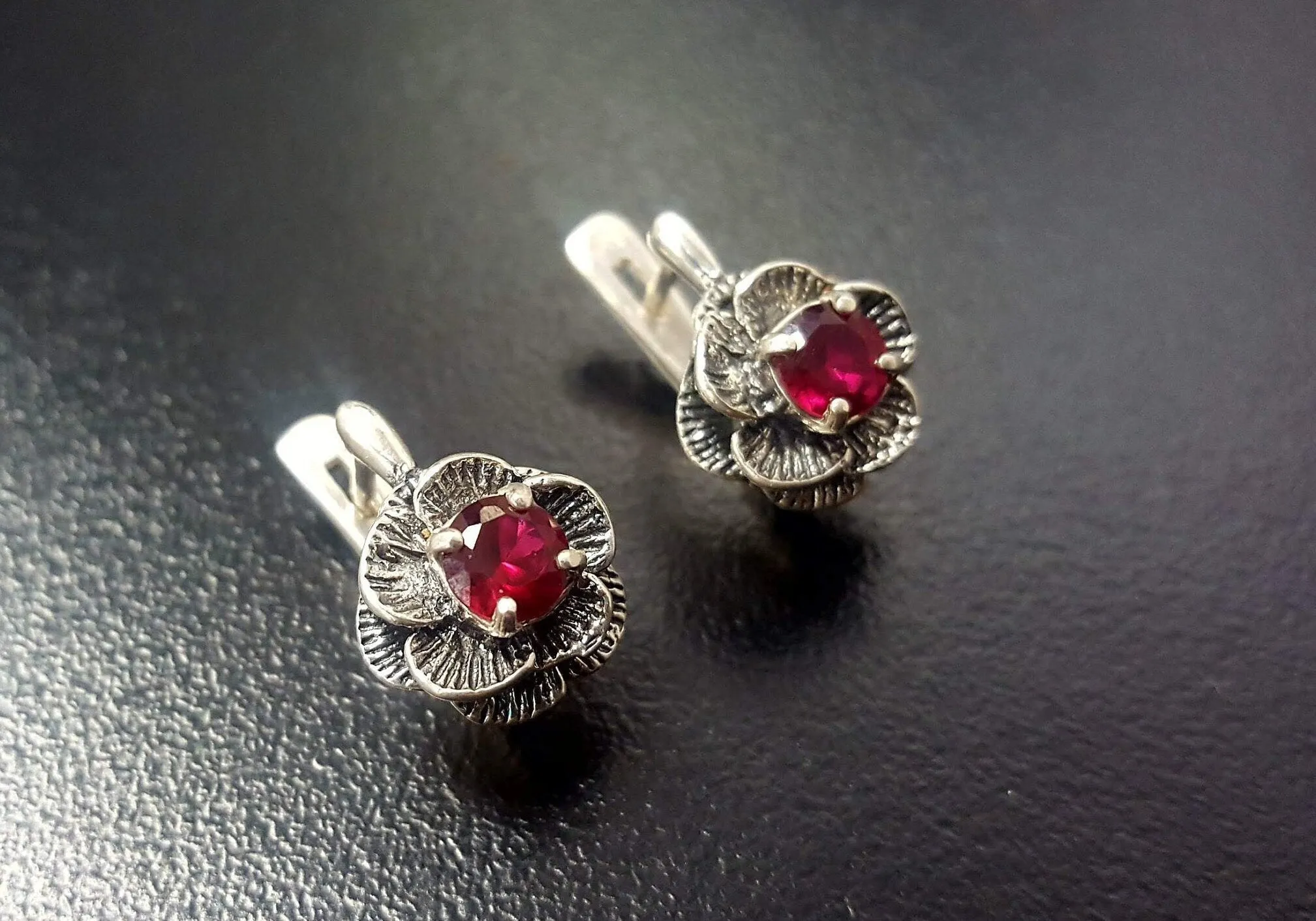 Ruby Rose Earrings - Red Flower Earrings, Dainty Pink Earrings