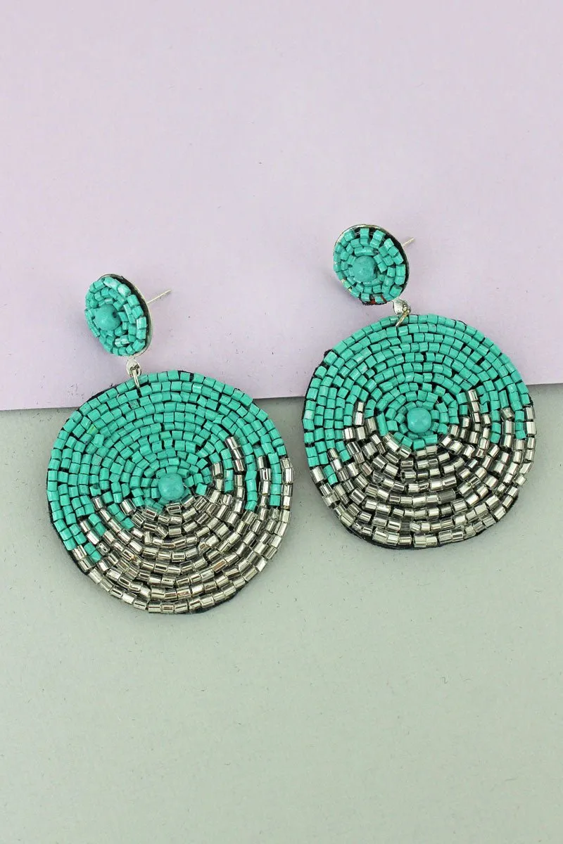 SALE! Turquoise and Silver Tube Seed Bead Disk Earrings