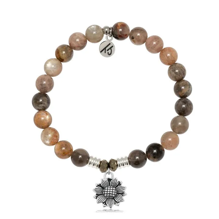 Sand Moonstone Gemstone Bracelet with Sunflower Sterling Silver Charm