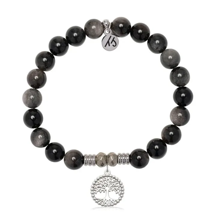 Silver Obsidian Gemstone Bracelet with Family Tree Sterling Silver Charm