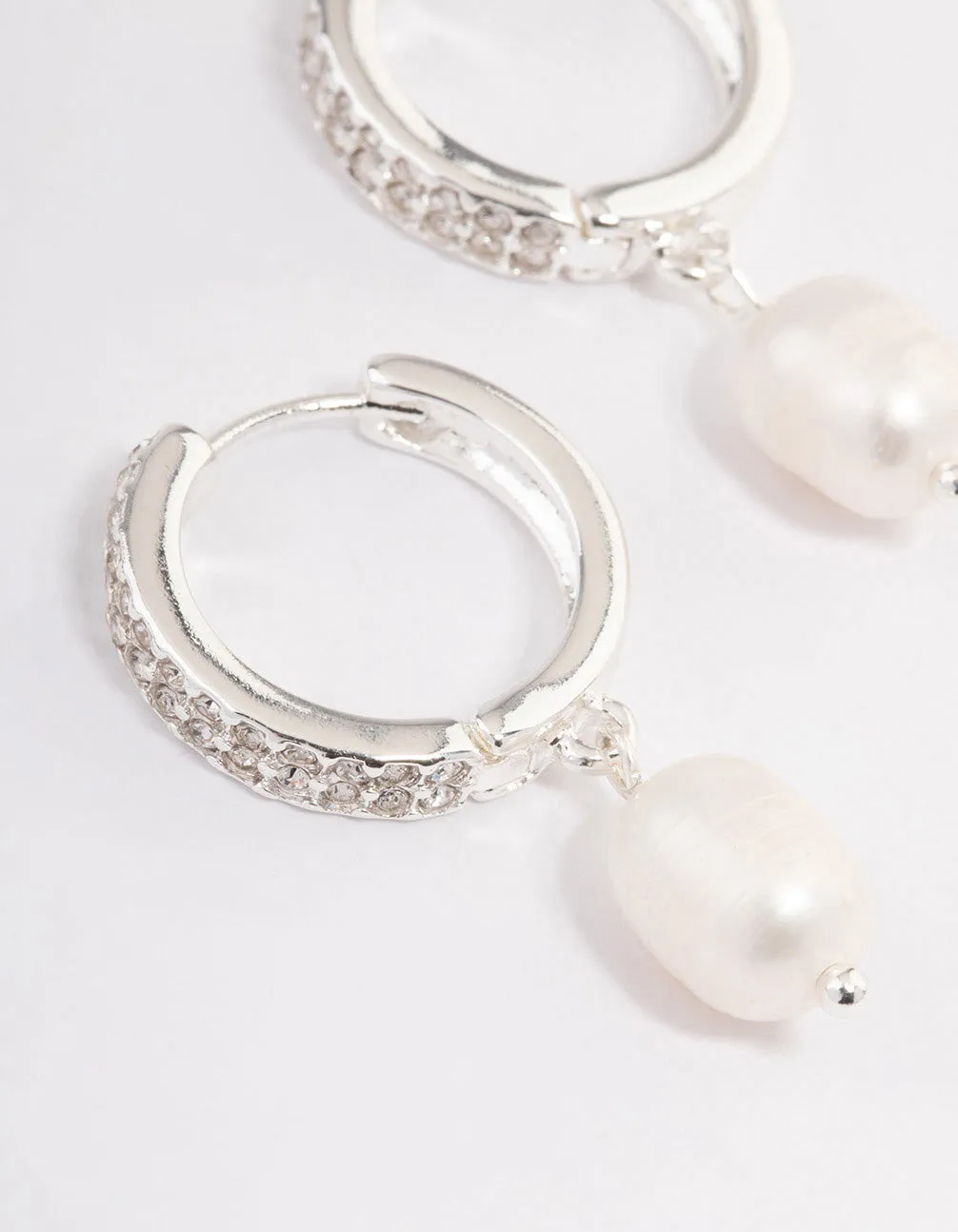 Silver Plated Freshwater Pearl Drop Cubic Zirconia Medium Huggie Earrings