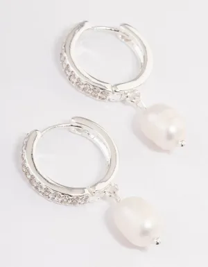 Silver Plated Freshwater Pearl Drop Cubic Zirconia Medium Huggie Earrings