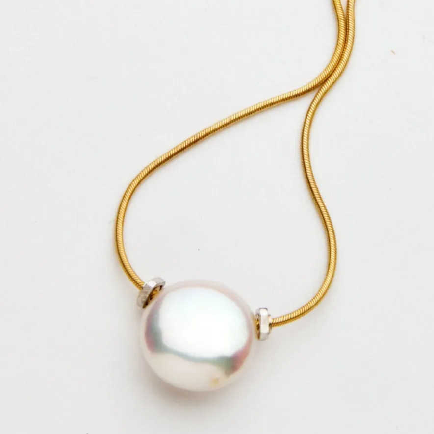 Solitaire Coin Pearl Necklace with MLD 14K White Beads on 14K Yellow Chain