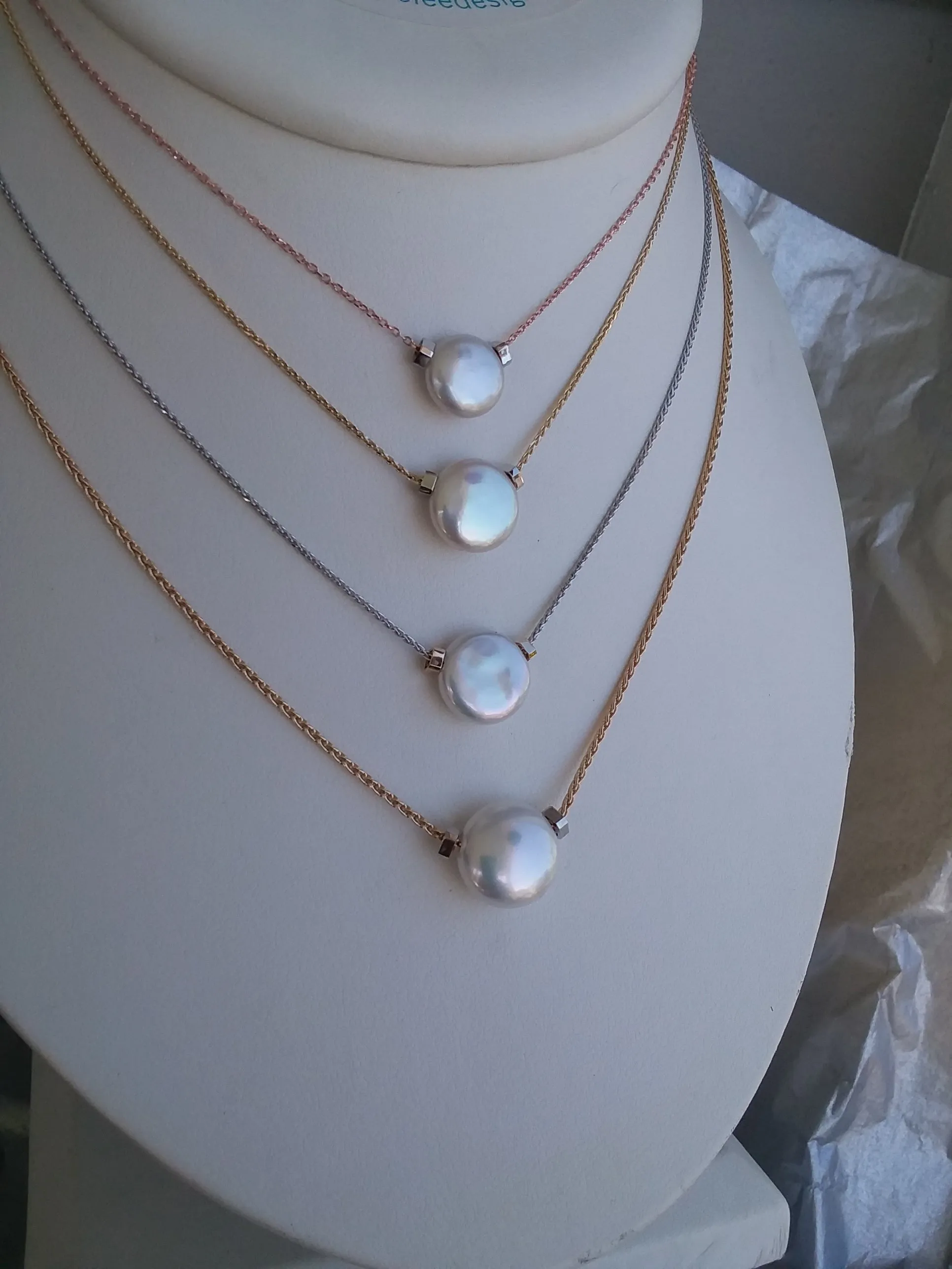 Solitaire Coin Pearl Necklace with MLD 14K White Beads on 14K Yellow Chain