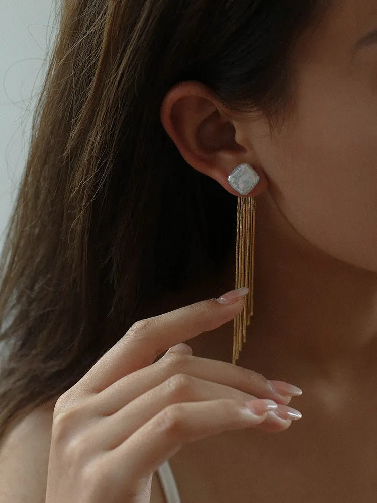 Square Baroque Pearl Tassel Fringe Earrings