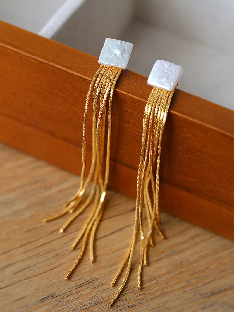 Square Baroque Pearl Tassel Fringe Earrings